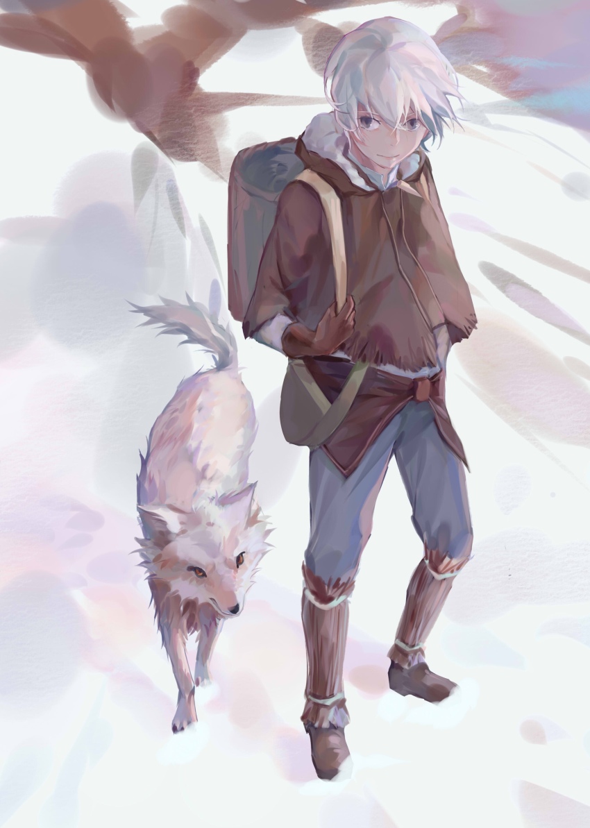 1boy 1other absurdres animal bag bishounen cloak coat full_body fumetsu_no_anata_e fushi gloves hair_between_eyes highres hood hood_down joan_(fumetsu_no_anata_e) long_sleeves lzfzc male_focus pants purple_eyes short_hair shoulder_bag simple_background snow snowing the_nameless_boy_(fumetsu_no_anata_e) white_hair white_wolf wolf yellow_eyes