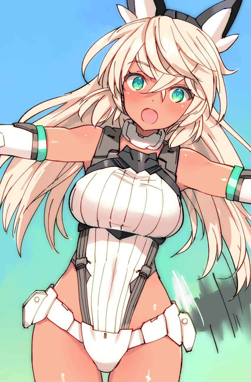 1girl 30_minutes_sisters absurdres aqua_eyes blonde_hair breasts character_request check_copyright commentary_request copyright_request cowboy_shot heart highres large_breasts leotard long_hair looking_at_viewer open_mouth shimada_fumikane textless_version
