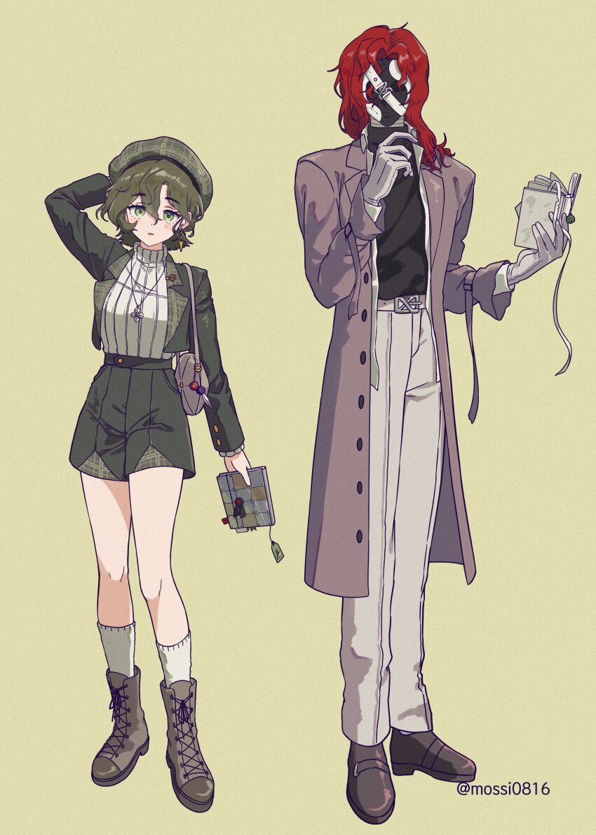 1boy 1girl absurdres aleph_(reverse:1999) alternate_costume arm_behind_head arm_up bag beret black_mask black_sweater boots brown_boots brown_coat brown_hair brown_shoes coat covered_face facing_viewer full_body gloves green_eyes green_jacket green_shorts grey_hat hand_up hands_up hat highres holding holding_notebook jacket long_hair mole mole_under_eye mossi_(mossi0816) notebook open_clothes open_coat open_jacket pants parted_lips recoleta_(reverse:1999) red_hair reverse:1999 shoes short_hair shorts shoulder_bag socks standing sweater twitter_username white_gloves white_pants white_socks white_sweater yellow_background