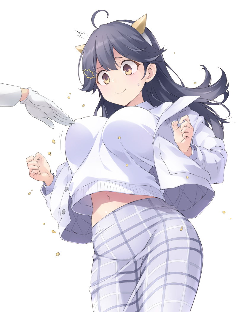 1girl 1other ahoge beans black_hair blush bouncing_breasts breasts fake_horns gloves hair_between_eyes hair_ornament highres horns jacket kantai_collection large_breasts long_hair long_sleeves open_clothes open_jacket sakana_(flame_sakana) setsubun shirt simple_background skirt smile solo_focus sweatdrop ushio_(kancolle) ushio_kai_ni_(kancolle) ushio_kai_ni_(setsubun)_(kancolle) white_background white_gloves white_shirt