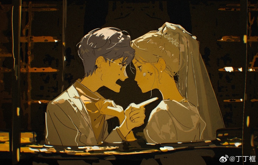 1boy 1girl ami_(fusheng_yi_xi) angry blonde_hair blue_eyes bridal_veil from_side fusheng_yi_xi glasses grey_hair highres holding holding_shirt holding_unworn_clothes jacket looking_at_another markings_on_cheeks mia_(fusheng_yi_xi) partially_submerged pointing pointing_at_another sheya_tin shirt shouting unworn_shirt veil water watermark weibo_username weibo_watermark