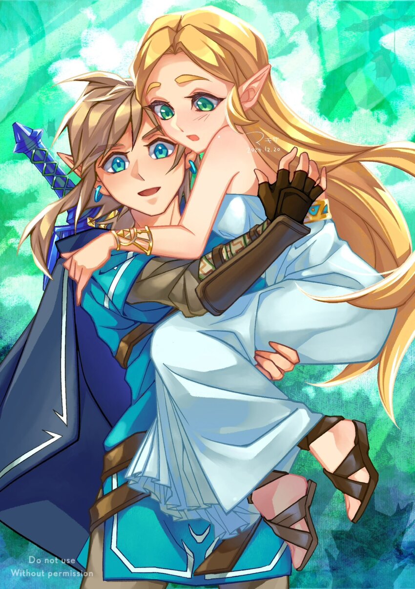 1boy 1girl bare_shoulders black_cape blue_eyes blue_tunic bracelet brown_footwear brown_gloves brown_pants cape carrying carrying_person champion&#039;s_tunic_(zelda) commentary_request cowboy_shot dated dress earrings fingerless_gloves gladiator_sandals gloves green_eyes highres jewelry korok layered_sleeves link long_dress long_hair long_sleeves looking_at_viewer master_sword nintendo open_mouth pants pleiades_pleiades pointy_ears princess_zelda sandals short_over_long_sleeves short_sleeves signature standing strapless strapless_dress sword sword_on_back the_legend_of_zelda the_legend_of_zelda:_breath_of_the_wild tunic weapon weapon_on_back white_dress