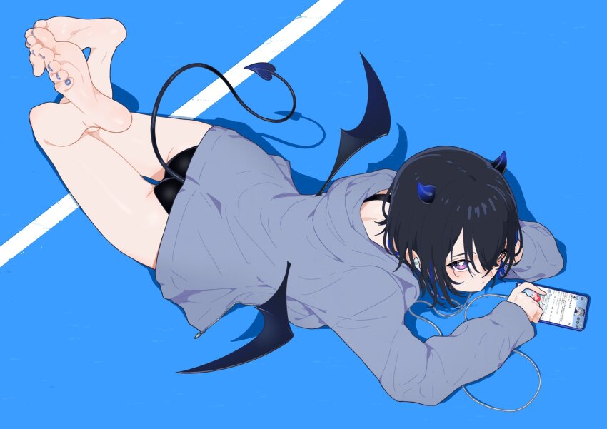 1girl ass bare_legs barefoot black_hair black_panties black_tail blue_background blue_horns blue_nails blush bright_pupils cellphone closed_mouth demon_horns demon_tail demon_wings earbuds earphones feet full_body grey_jacket hair_between_eyes highres horns ichinose_uruha jacket legs long_sleeves lying multicolored_hair nail_polish niboshidrip no_pants on_ground on_stomach open_clothes open_jacket panties phone purple_eyes shadow simple_background smartphone soles solo streaked_hair tail the_pose toenail_polish toenails toes underwear virtual_youtuber vspo! white_pupils wings