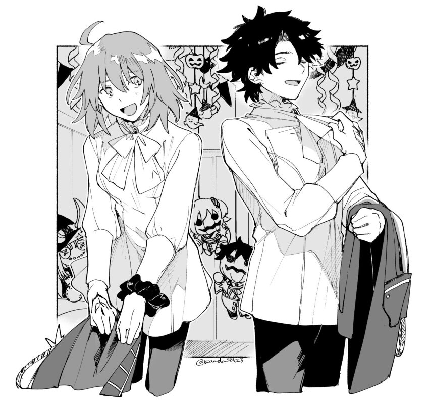 1boy 1girl :d ahoge border bow bowtie brooch character_doll closed_eyes command_spell cropped_legs dress fate/grand_order fate_(series) frilled_shirt_collar frills fujimaru_ritsuka_(female) fujimaru_ritsuka_(female)_(halloween_royalty) fujimaru_ritsuka_(male) fujimaru_ritsuka_(male)_(halloween_royalty) greyscale hair_between_eyes holding holding_unworn_clothes holding_jacket holding_unworn_clothes jacket jewelry kitada long_sleeves looking_at_another medium_hair monochrome no_jacket official_alternate_costume open_mouth outside_border pants pantyhose pumpkin_hat scrunchie shirt short_hair smile untying unworn_jacket white_border wrist_scrunchie