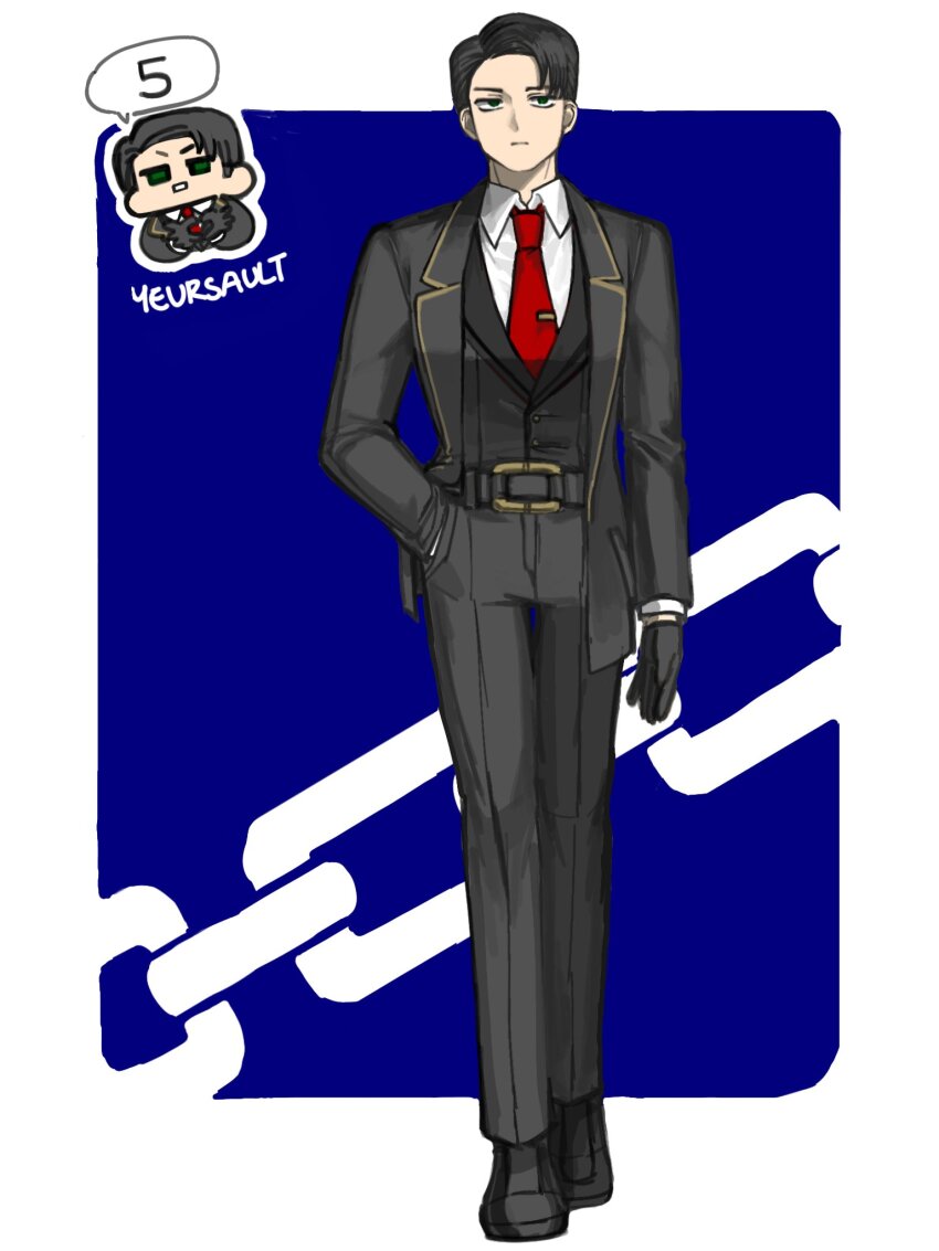 1boy alternate_costume belt black_belt black_gloves black_hair black_jacket black_pants black_shoes black_vest blue_background border chain closed_mouth collared_shirt full_body gloves green_eyes highres jacket limbus_company long_sleeves looking_at_viewer male_focus meursault_(project_moon) necktie nra_3614 pants project_moon red_necktie shirt shoes short_hair simple_background solo standing vest white_border white_shirt