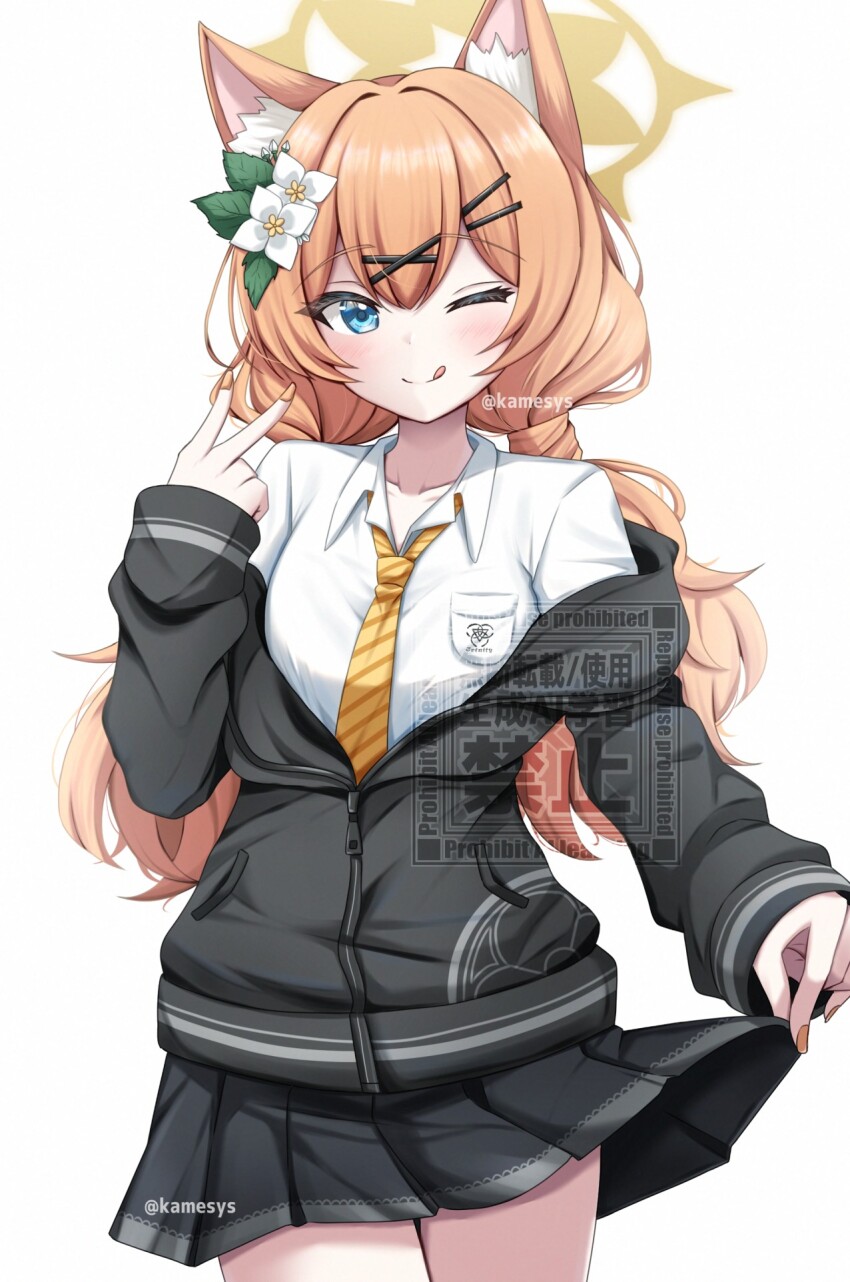 1girl ;p animal_ear_fluff animal_ears arm_up black_jacket black_skirt blonde_hair blue_archive blue_eyes blush breast_pocket breasts cat_ears cat_girl clothes_lift collared_shirt commentary_request cowboy_shot crossed_bangs fingernails flower hair_flower hair_ornament hairclip hairpin halo highres jacket kamesys long_sleeves mari_(blue_archive) medium_breasts miniskirt multiple_hairpins necktie one_eye_closed orange_nails parallel_hairclips partially_unzipped pocket red_necktie shirt skirt skirt_lift sleeves_past_wrists smile solo striped_necktie tehepero tongue tongue_out twitter_username v watermark white_shirt yellow_necktie