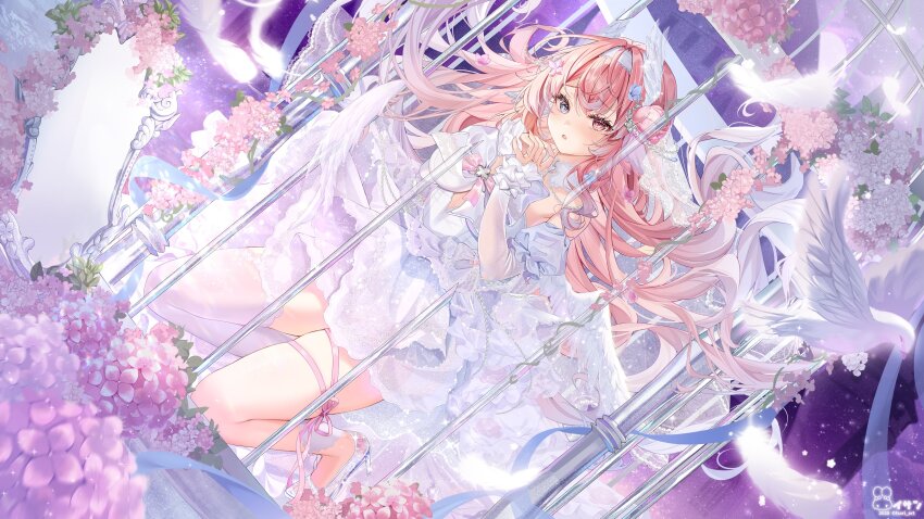 1girl absurdres bare_shoulders bird birdcage blue_eyes cage commentary commission detached_sleeves dove dress dutch_angle english_commentary flower hair_between_eyes hair_bun hairband hands_up heterochromia high_heels highres indie_virtual_youtuber isari_sensei kneeling long_hair long_sleeves mirror own_hands_together pink_flower pink_hair red_eyes see-through_clothes see-through_footwear single_thighhigh sleeveless sleeveless_dress solo thighhighs very_long_hair white_dress white_hairband white_sleeves white_thighhighs