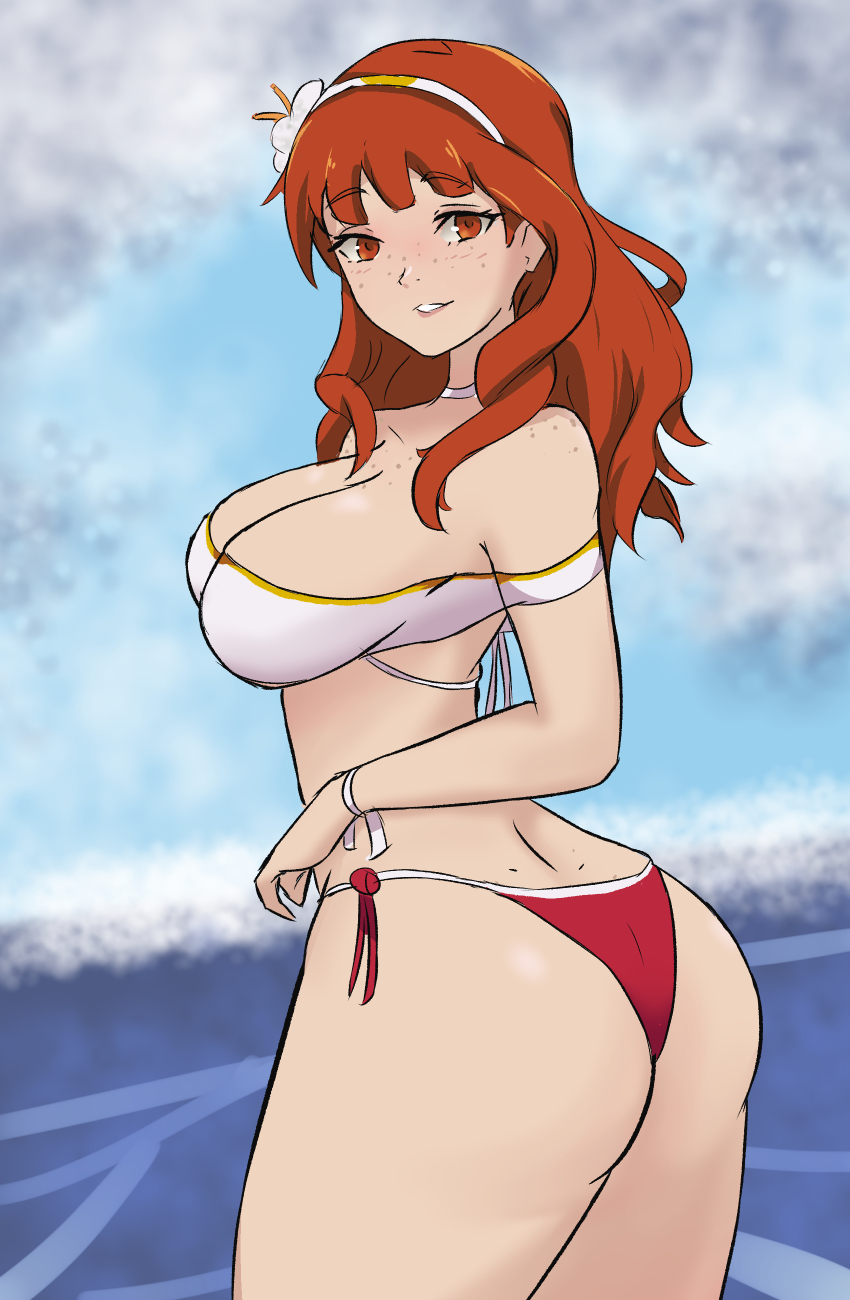 1girl absurdres ass back bare_arms bare_back bare_shoulders beach bikini breasts celica_(fire_emblem) choker cleavage collarbone curvy female_focus fire_emblem fire_emblem_echoes:_shadows_of_valentia flower freckles freckles_on_breasts freckles_on_face from_behind grin hair_flower hair_ornament hairband highres huge_ass in2naps large_breasts long_hair looking_at_viewer looking_back nintendo ocean orange_eyes orange_hair outdoors red_bikini red_swimsuit shoulder_freckles smile solo summer swimsuit tagme thick_thighs thighs waves white_bikini white_swimsuit wide_hips