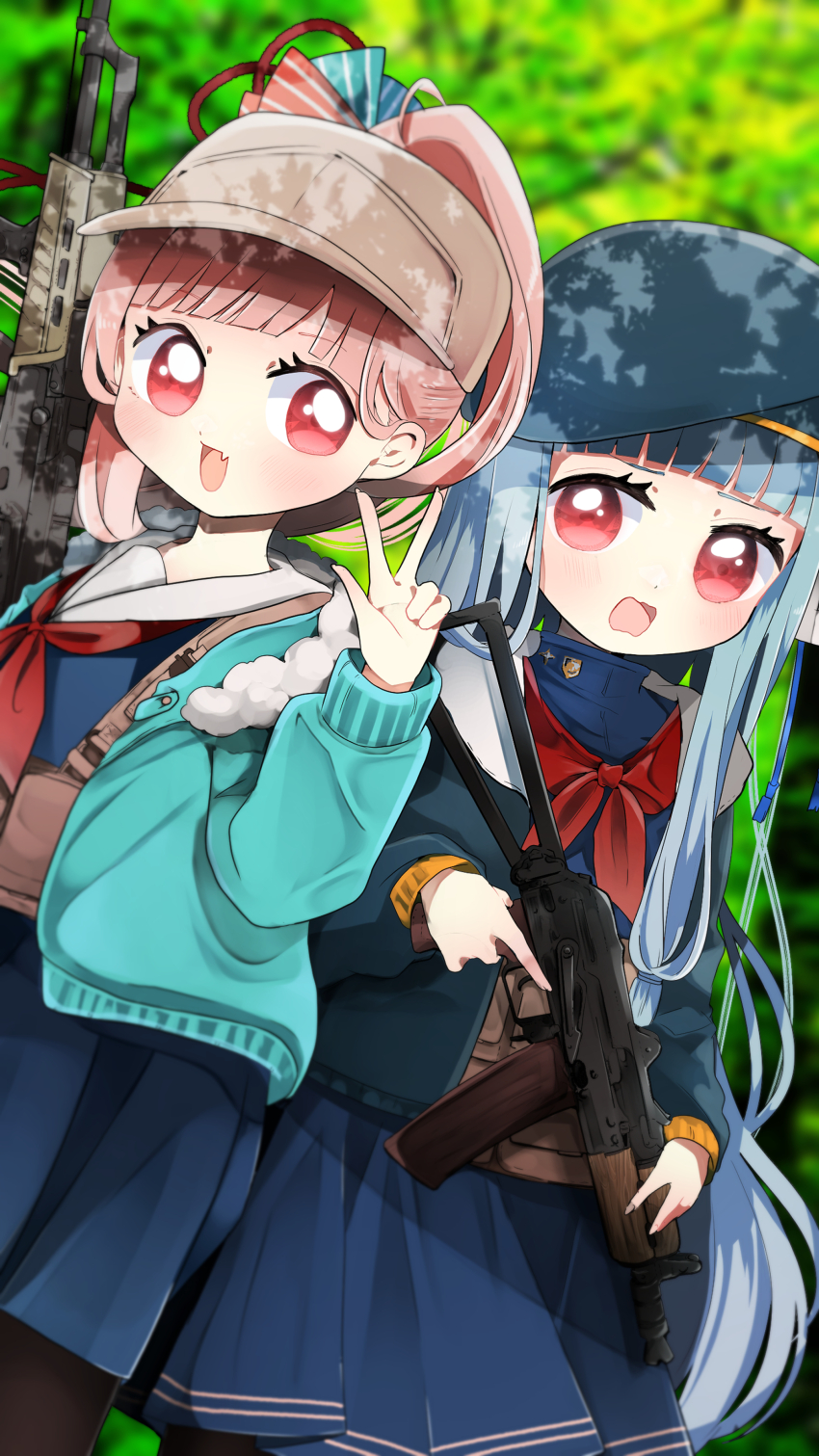 2girls absurdres aks-74u alternate_costume alternate_hairstyle assault_rifle baseball_cap beret blue_hair blue_hat blue_jacket blue_serafuku blue_shirt blue_skirt blunt_bangs blurry blurry_background blush brown_hat chest_rig commission dappled_sunlight day dutch_angle fang foliage fur-trimmed_jacket fur_trim gun hair_through_headwear hand_up hat high_ponytail highres holding holding_gun holding_weapon jacket kalashnikov_rifle kotonoha_akane kotonoha_aoi long_sleeves looking_at_another multiple_girls neckerchief open_clothes open_jacket open_mouth outdoors oyasumi_makura pink_hair pleated_skirt ponytail red_eyes red_neckerchief rifle school_uniform serafuku shirt skeb_commission skin_fang skirt smile standing sunlight voiceroid w weapon