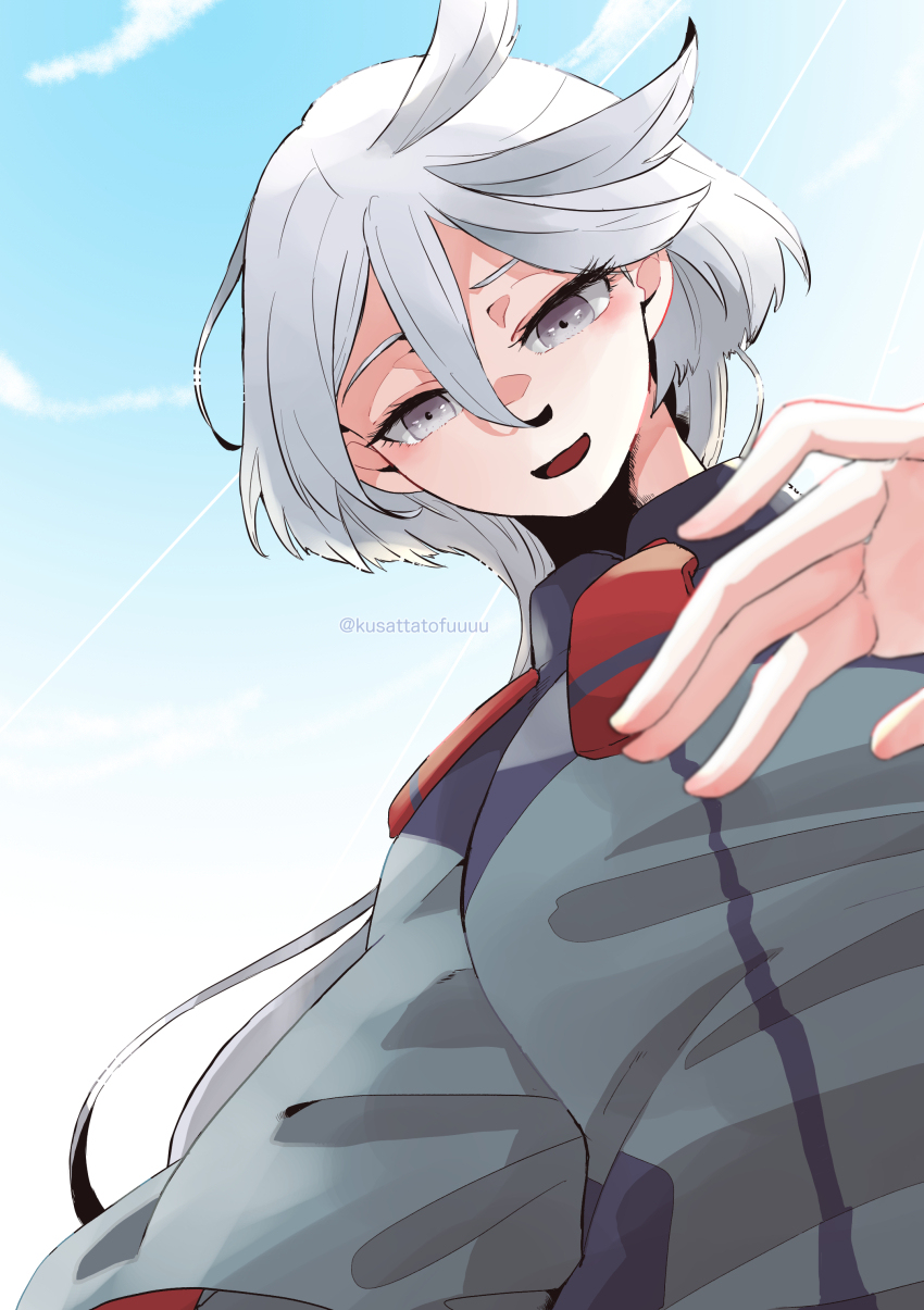 1girl absurdres asticassia_school_uniform blue_sky cloud commentary_request contrail day green_jacket grey_eyes gundam gundam_suisei_no_majo highres jacket kusattatofu long_hair miorine_rembran open_mouth outdoors school_uniform sky smile solo twitter_username white_hair