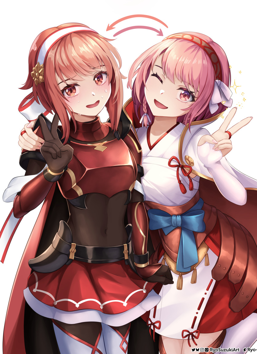 2girls absurdres alternate_costume armor blush braid breastplate breasts cosplay costume_switch covered_navel fire_emblem fire_emblem_engage fire_emblem_fates gloves hair_ornament hair_ribbon hairband highres japanese_clothes lapis_(fire_emblem) lapis_(fire_emblem)_(cosplay) look-alike multiple_girls nintendo open_mouth pink_eyes pink_hair red_armor red_eyes red_hair red_hairband ribbon ryo-suzuki sakura_(fire_emblem) sakura_(fire_emblem)_(cosplay) short_hair side_braid simple_background smile twintails two-tone_hairband white_ribbon