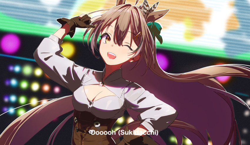 1girl animal_ears breasts brown_corset brown_eyes brown_hair cleavage cleavage_cutout clothing_cutout corset dancing feather_hair_ornament feathers gloves hair_ornament highres hololive hololive_english horse_ears long_hair lyrics nanashi_mumei nanashi_mumei_(1st_costume) one_eye_closed pako_(pakosun) parody partially_fingerless_gloves ponytail umamusume umapyoi_densetsu virtual_youtuber
