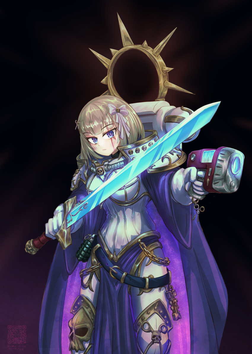 1girl absurdres adepta_sororitas amanogawa_shiina armor belt blonde_hair cloak explosive full_armor grenade hair_ribbon highres pelvic_curtain phase_connect plasma_gun power_armor power_sword purple_cloak qr_code razpaz ribbon solo virtual_youtuber warhammer_40k
