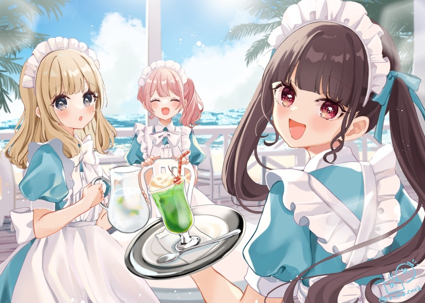 3girls :d ^_^ apron bendy_straw blue_bow blue_dress blue_sky bow brown_hair chair cherry closed_eyes cloud commentary_request day dress drinking_straw food frilled_apron frills fruit hair_bow highres holding holding_tray long_hair long_sleeves maid maid_apron maid_headdress melon_soda multiple_girls on_chair open_mouth original parted_lips pink_hair pitcher_(container) puffy_long_sleeves puffy_sleeves red_eyes rino_cnc side_ponytail sitting sky smile table tray twintails twitter_username very_long_hair waitress water white_apron
