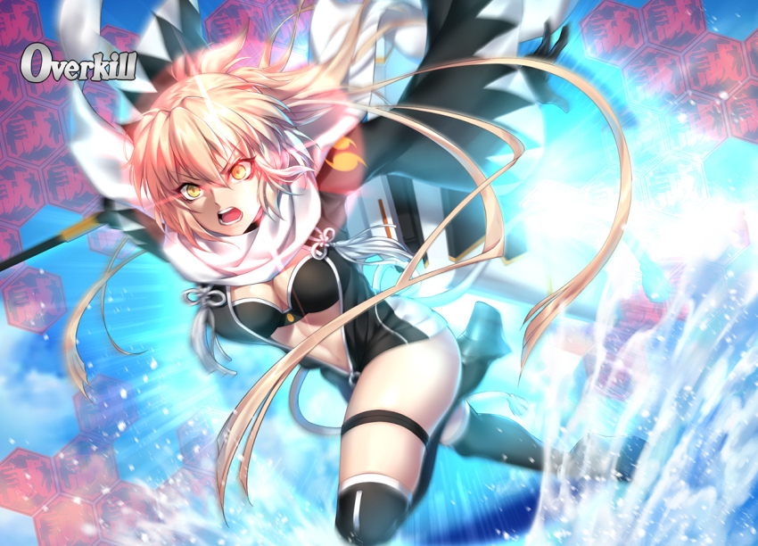 1girl black_boots black_bra black_gloves black_jacket blonde_hair boots bra breasts cape character_request check_character cleavage commentary_request english_text fate/grand_order fate_(series) full_body gloves hair_between_eyes holding holding_sword holding_weapon jacket large_breasts light_particles long_hair looking_to_the_side nasaniliu okita_j._souji_(fate) okita_souji_(fate) okita_souji_(koha-ace) open_clothes open_jacket open_mouth solo stomach sword tassel teeth thigh_boots thighs underwear water weapon white_cape wide_sleeves yellow_eyes