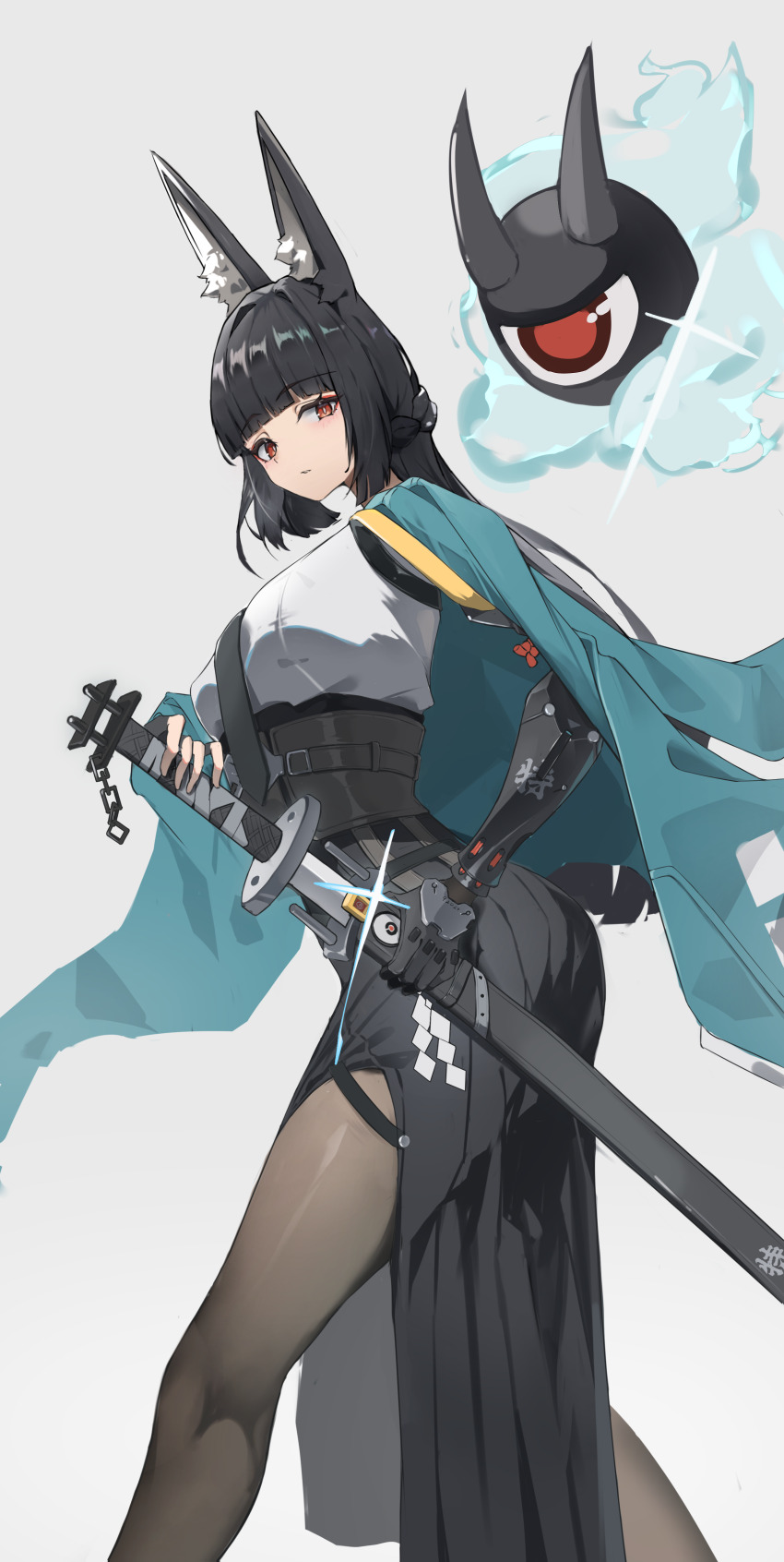 1girl absurdres animal_ear_fluff animal_ears black_gloves black_hair black_necktie black_pantyhose blunt_bangs commentary cowboy_shot dress fingerless_gloves fox_ears fox_girl from_side gauntlets gloves green_jacket grey_background highres holding holding_sword holding_weapon hoshimi_miyabi jacket long_hair looking_at_viewer md5_mismatch mou5_ji3mei6 necktie pantyhose parted_lips red_eyes resolution_mismatch revision shirt sidelocks simple_background single_fingerless_glove solo source_smaller sword tailless_(zenless_zone_zero) weapon white_shirt zenless_zone_zero