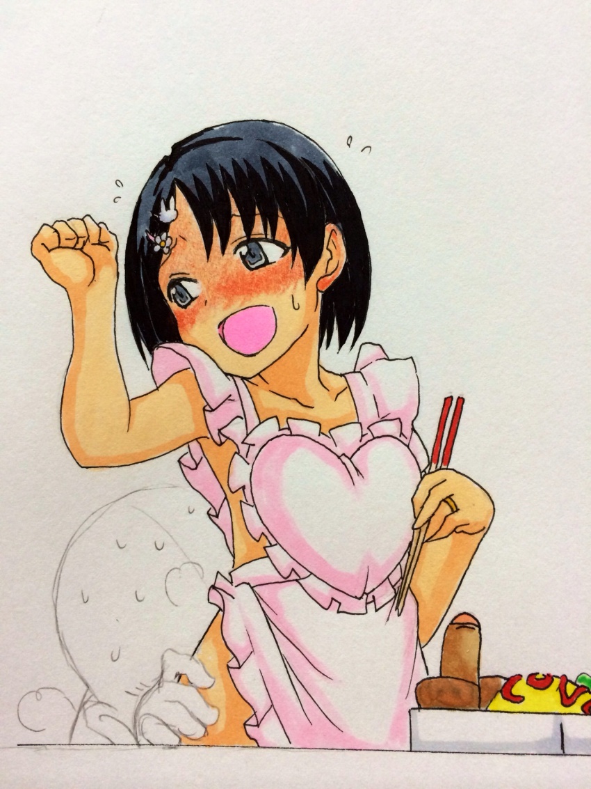 10s 1boy 1girl apron black_eyes black_hair blush chopsticks food fujioka_(azunxan) hair_ornament hairclip highres idolmaster idolmaster_cinderella_girls jewelry leg_grab naked_apron open_mouth ring sasaki_chie short_hair simple_background smile sweatdrop wedding_band white_background