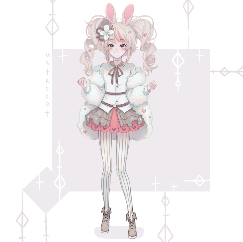 1girl animal_ears astrocatsama belt belt_buckle blonde_hair boots bow bowtie brown_belt brown_bow brown_bowtie brown_ribbon buckle buttons clenched_hands closed_mouth collar collared_shirt commentary diamond_(shape) drill_hair english_commentary eyelashes flower full_body fur-trimmed_jacket fur_trim grey_background grey_boots grey_collar grey_skirt hair_flower hair_ornament hair_ribbon heart heart_hair_ornament heart_print highres jacket jacket_partially_removed lace-up_boots layered_skirt layered_sleeves light_blush long_hair long_sleeves looking_at_viewer miniskirt multicolored_hair original pantyhose pink_eyes pink_hair pink_skirt rabbit_ears ribbon shadow shirt simple_background skirt smile solo sparkle streaked_hair striped_clothes striped_pantyhose twin_drills twintails two-tone_background vertical-striped_clothes vertical-striped_pantyhose white_background white_flower white_jacket white_pantyhose white_shirt white_sleeves