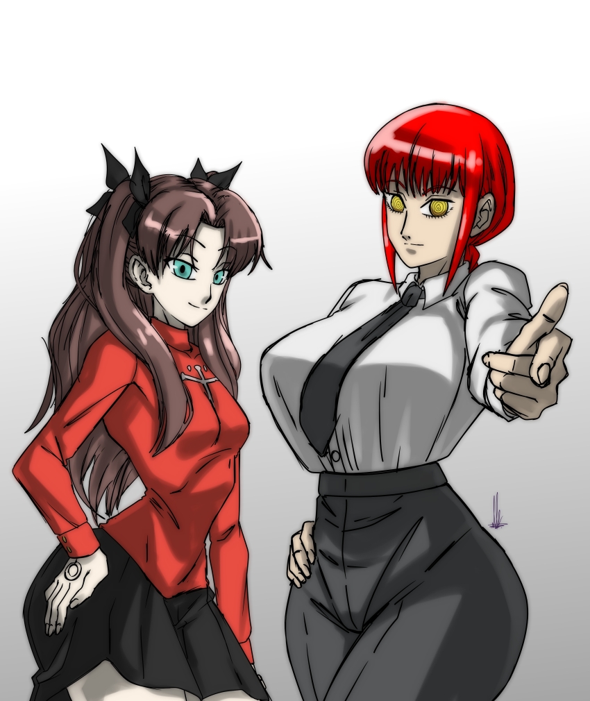 2girls @_@ absurdres alternate_ass_size alternate_breast_size black_necktie black_pants black_skirt blue_eyes braid braided_ponytail breasts brown_hair chainsaw_man cowboy_shot crossover facing_viewer fate/stay_night fate_(series) gradient_background grey_background hand_on_own_hip hands_on_own_hips highres large_breasts long_hair long_sleeves looking_at_viewer makima_(chainsaw_man) medium_hair miniskirt multiple_girls narrow_waist necktie pants pleated_skirt pointing pointing_at_viewer ponytail red_hair red_shirt ringed_eyes shirt sidelocks skirt small_breasts tohsaka_rin twintails un_koshin1402 white_background white_shirt yellow_eyes