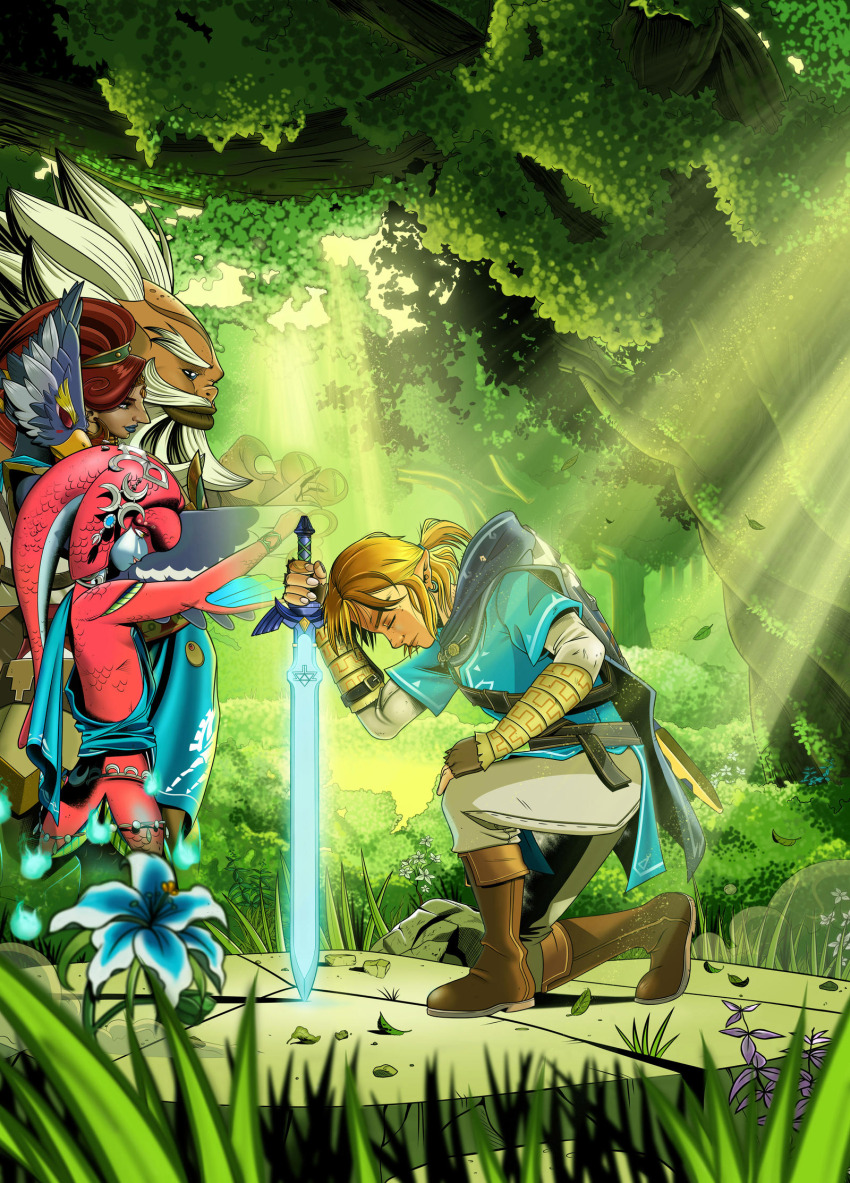 2019 2girls 3boys bird_boy bird_wings blue_flower boots champion&#039;s_tunic_(zelda) dark-skinned_female dark_skin daruk fallen_down fish_girl flower gerudo ghost glowing glowing_sword glowing_weapon goron highres holding holding_sword holding_weapon jewelry link master_sword mipha monster_boy monster_girl multiple_boys multiple_girls nintendo revali rito seidassen short_male spirits sword the_legend_of_zelda the_legend_of_zelda:_breath_of_the_wild urbosa weapon winged_arms wings