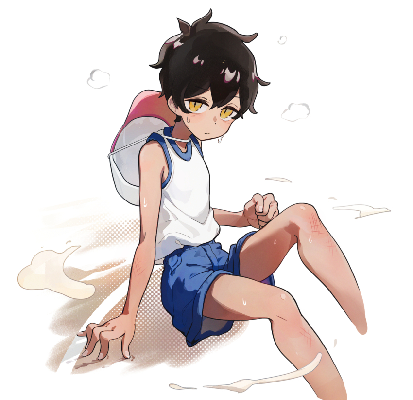 1girl bare_arms bare_shoulders black_hair blue_shorts clenched_hand cropped_legs dark-skinned_female dark_skin hat_on_back kurobe_natsumi looking_at_viewer mo0o0rae sand senpai_ga_uzai_kouhai_no_hanashi shirt short_hair shorts sitting sleeveless sleeveless_shirt slit_pupils solo sweat white_background white_shirt yellow_eyes