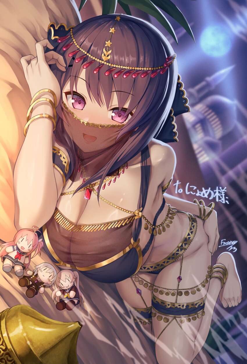 1girl :d alternate_costume anklet ao_no_kanata_no_four_rhythm arabian_clothes arisaka_mashiro bare_shoulders barefoot bed_sheet bikini black_bikini black_hair black_ribbon blush bracelet breasts character_doll circlet cleavage commentary_request commission dancer dutch_angle emanon123 foreshortening full_body gold_trim hair_ribbon highres incense incense_burner inui_saki jewelry kurashina_asuka large_breasts long_hair looking_at_viewer lying mouth_veil on_bed on_side open_mouth pillow purple_eyes ribbon second-party_source signature skeb_commission smile solo stuffed_toy swimsuit thigh_strap tobisawa_misaki veil |_|