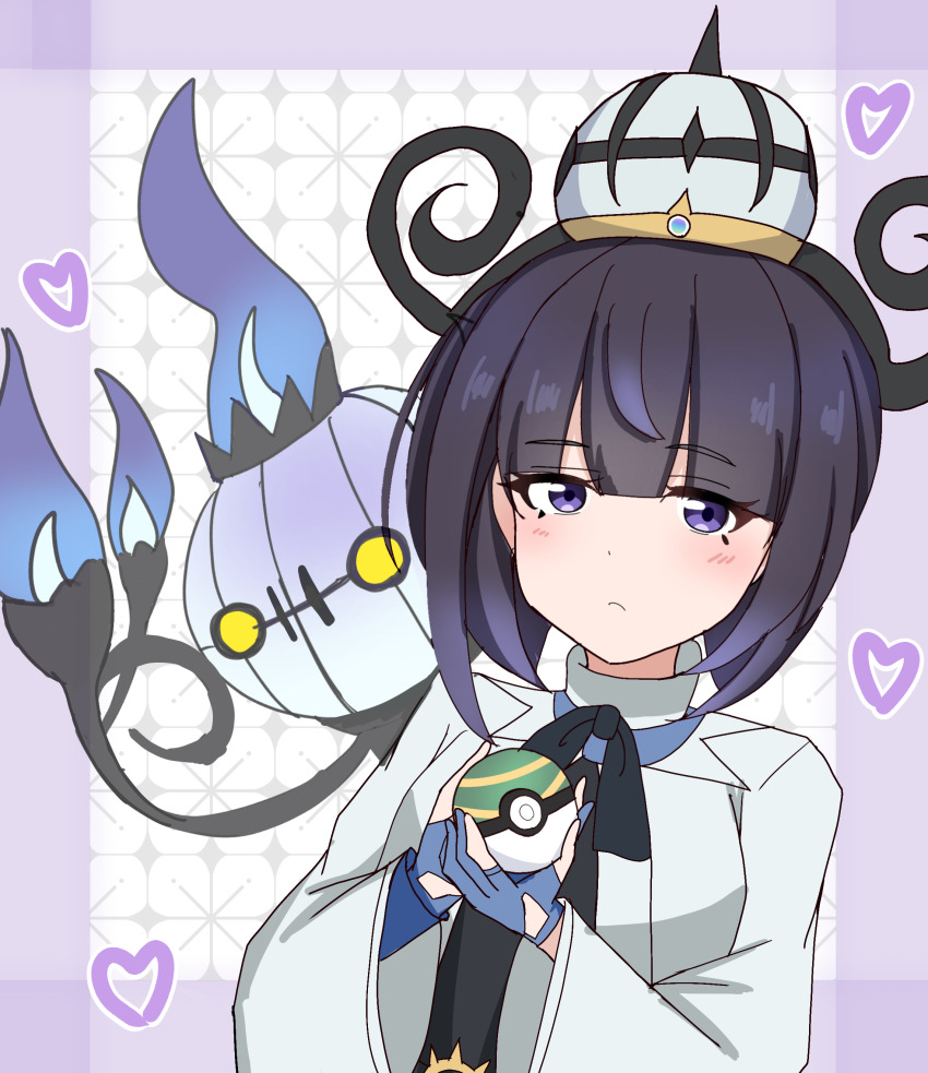 1girl absurdres black_dress blue_gloves blunt_bangs blush bob_cut chandelure coat dress eyelashes gen_5_pokemon gloves gwynn_(pokemon) hat heart highres holding holding_poke_ball long_sleeves looking_at_viewer matcha_moti_(matcha_427) nest_ball nintendo partially_fingerless_gloves poke_ball pokemon pokemon_(creature) pokemon_legends:_z-a purple_eyes revision short_hair upper_body white_coat