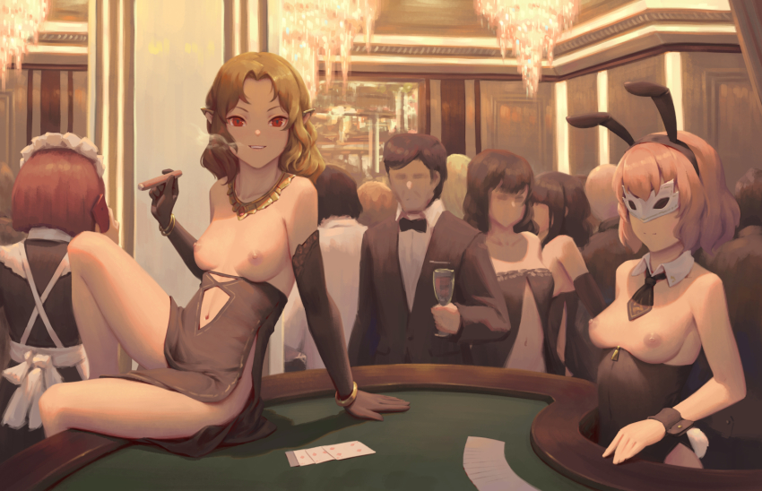 1boy 5girls animal_ears bare_shoulders bigrbear black_dress black_gloves black_hair black_hairband black_neckwear black_skirt blackjack blackjack_table bracelet breastless_clothes breasts breasts_out brown_hair card casino casual chandelier cigar clothing_cutout crowd cup detached_collar dress drinking_glass elbow_gloves elf exhibitionism faceless faceless_female faceless_male fake_animal_ears fake_tail forehead formal_clothes gloves hairband high-waist_skirt highres holding holding_cup indoors jewelry leotard long_sleeves maid mask medium_breasts multiple_girls navel_cutout necktie nipples nude original parted_bangs parted_lips pelvic_curtain playboy_bunny playing_card pointy_ears public_indecency rabbit_ears red_eyes revealing_clothes sitting skirt smile smoke smoking suit table tail topless_female wrist_cuffs