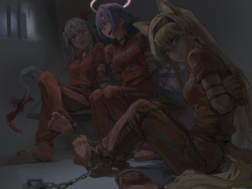 a_tea akafuyu_(arknights) arknights arms_behind_back barefoot bdsm blonde_hair blue_eyes blue_hair bondage bound chain highres horn_(arknights) long_hair nian_(arknights) pink_eyes prison prison_cell prison_clothes prisoner restrained shibari short_hair spuria_(arknights) tied_up_(nonsexual) white_hair