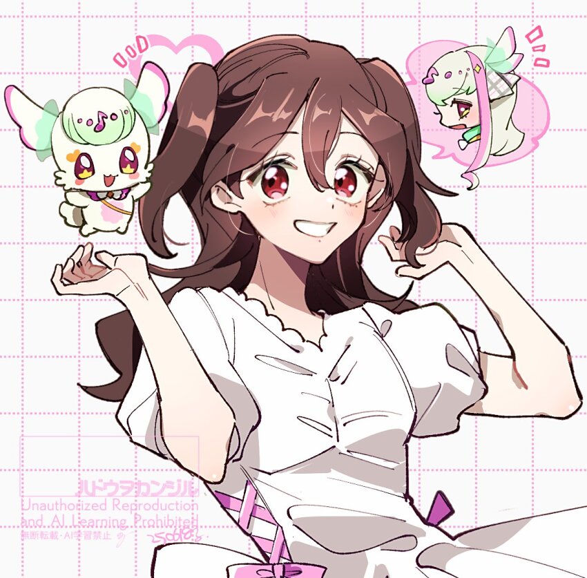 1girl artist_logo artist_name blush brown_hair collarbone column column_lineup dress grid_background hands_up heart holding holding_own_hair idol kimi_to_idol_precure logo long_hair musical_note nonoko_(nopippichan) parted_bangs pillar precure puffy_dress puffy_short_sleeves puffy_sleeves purirun_(precure) red_eyes ribbon sakura_uta_(precure) short_sleeves smile solo solo_focus speech_bubble thought_bubble twintails upper_body watermark white_dress