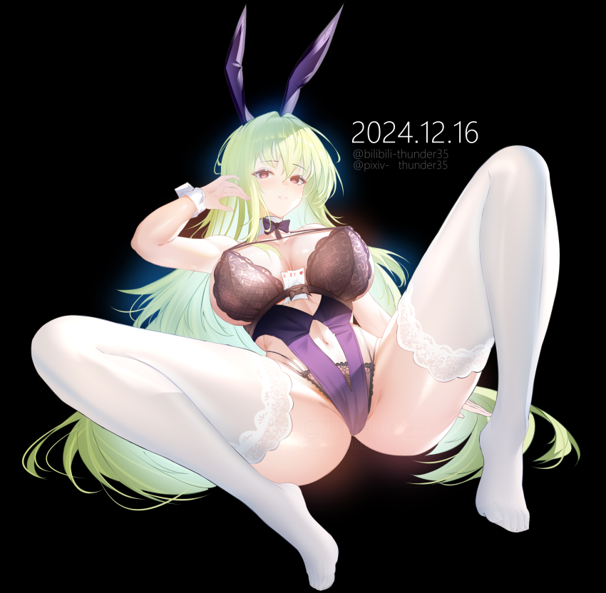 1girl absurdres alternate_costume artist_name azur_lane black_background blush bow breasts card collar green_hair highres large_breasts legs_apart leotard lingerie long_hair looking_at_viewer napoli_(azur_lane) napoli_(dreamy_night)_(azur_lane) no_shoes official_alternate_costume playboy_bunny playing_card purple_eyes rabbit_ears solo thighs thunder-35 underwear wrist_cuffs
