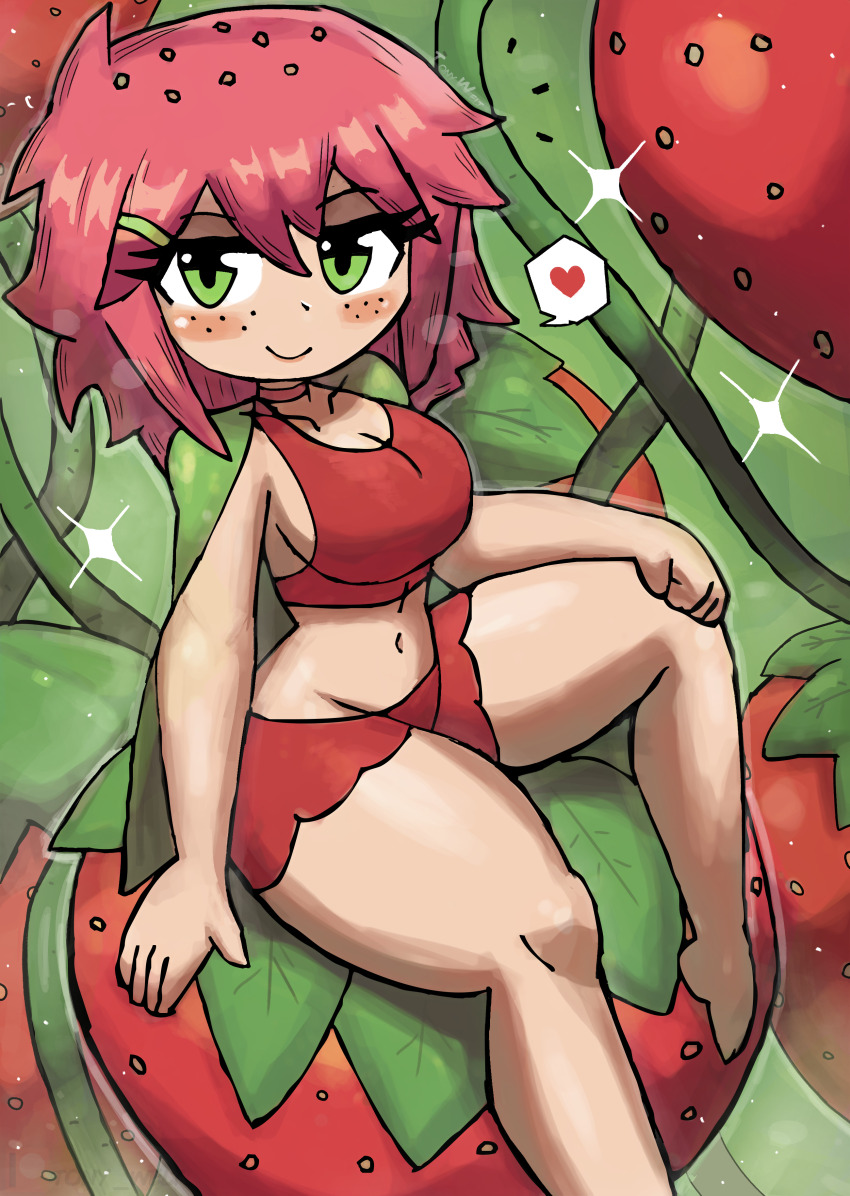 1girl absurdres barefoot blush breasts chigo_(tony_welt) choker cleavage collarbone food fruit green_background green_eyes hair_ornament hairclip hand_on_own_knee heart highres large_breasts looking_at_viewer midriff navel original oversized_food oversized_object personification pink_hair plant red_shirt red_shorts shirt short_hair shorts sitting smile sparkle speech_bubble spoken_heart strawberry tank_top thick_thighs thighs tony_welt vines wide_hips