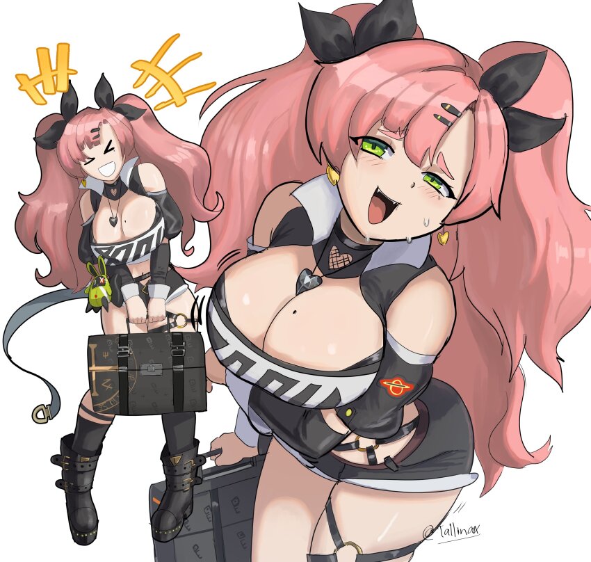 &gt;_&lt; +++ 1girl :d absurdres arm_under_breasts artist_name bangboo_(zenless_zone_zero) bare_shoulders belt black_footwear black_jacket black_ribbon black_shorts black_sleeves black_thighhighs blush boots breasts briefcase cleavage clothes_writing clothing_cutout commentary crop_top cropped_jacket cutoffs detached_sleeves earrings fangs green_eyes hair_between_eyes hair_ornament hair_ribbon hairclip heart heart_cutout heart_earrings heart_necklace highres holding holding_briefcase jacket jewelry kneehighs large_breasts light_blush long_hair looking_at_viewer micro_shorts mole mole_on_breast motion_lines multiple_views necklace nicole_demara o-ring o-ring_belt open_mouth pink_hair platform_boots platform_footwear ribbon shorts shoulder_cutout simple_background single_kneehigh single_sock single_thighhigh smile socks strapless sweat tallinax thigh_strap thighhighs tube_top two_side_up white_background white_tube_top xd zenless_zone_zero