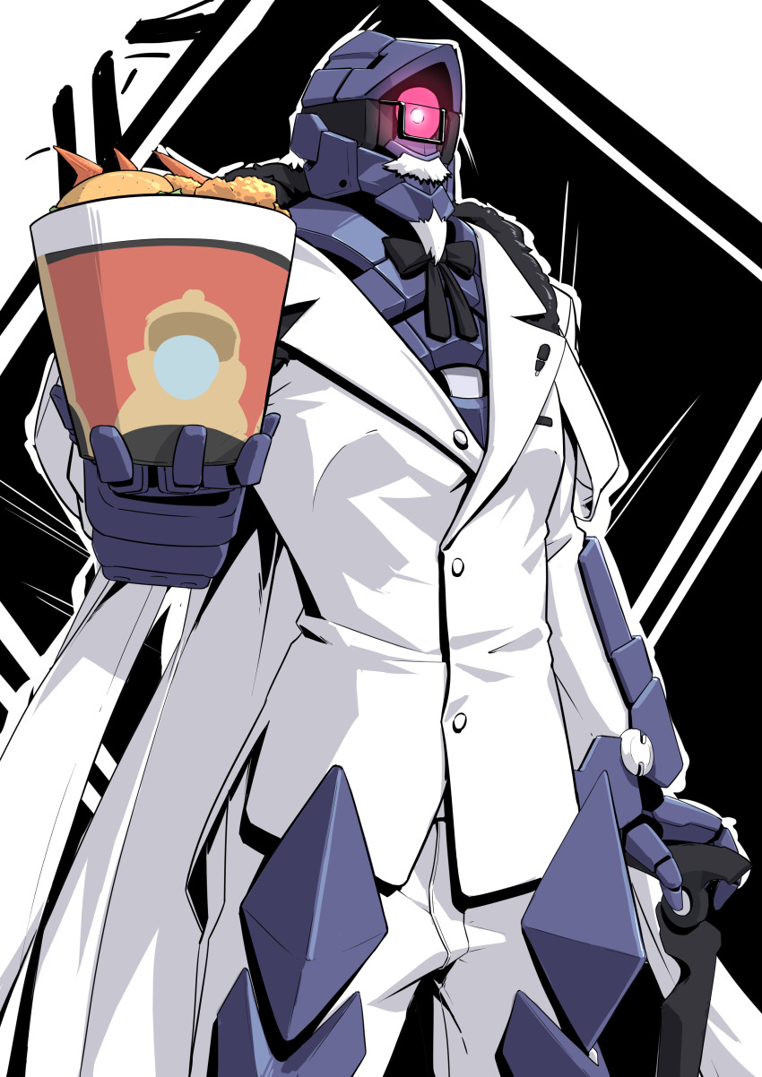 1other absurdres black_bow black_bowtie bow bowtie brand_name_imitation bucket bucket_of_chicken cane chinese_commentary colonel_sanders colonel_sanders_(cosplay) commentary_request cosplay cowboy_shot fake_beard fake_facial_hair fake_mustache highres holding holding_bucket holding_cane honkai:_star_rail honkai_(series) jacket logo_parody one-eyed pants pink_eyes suit_jacket svarog_(honkai:_star_rail) white_jacket white_pants yan_(unicorn404)