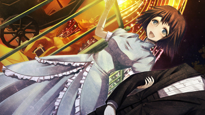 1boy 1girl amusement_park aqua_eyes arm_hug black_bow black_bowtie black_hair black_jacket black_pants black_suit black_trim blue_dress blue_eyes bow bowtie breasts buttons carousel collar collarbone collared_shirt couple dress dutch_angle elbow_gloves formal_clothes frilled_collar frilled_dress frilled_skirt frills game_cg gloves happy high-waist_pants high_collar highres holding holding_pole horse huke jacket layered_skirt long_skirt looking_at_another medium_breasts medium_hair night night_sky non-web_source official_alternate_costume official_art okabe_rintarou open_mouth outdoors pants pink_lips pole puffy_short_sleeves puffy_sleeves ringed_eyes shiina_mayuri shiny_lips shirt short_sleeves skirt sky square_pupils standing star_(sky) starry_sky steins;gate steins;gate:_my_darling&#039;s_embrace striped_clothes striped_shirt suit suit_jacket tareme tongue tree tuxedo vertical-striped_clothes vertical-striped_shirt white_gloves white_horse white_shirt