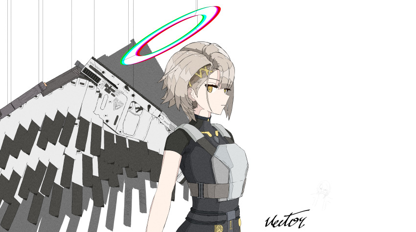 1girl absurdres character_name chinese_commentary closed_mouth commentary commentary_request english_commentary expressionless from_side girls&#039;_frontline girls&#039;_frontline_2:_exilium gun halo highres kriss_vector looking_at_viewer looking_to_the_side mechanical_wings mixed-language_commentary short_hair short_sleeves solo submachine_gun upper_body vector_(girls&#039;_frontline) vector_(girls&#039;_frontline_2) weapon white_background wings yellow_eyes yuka2006