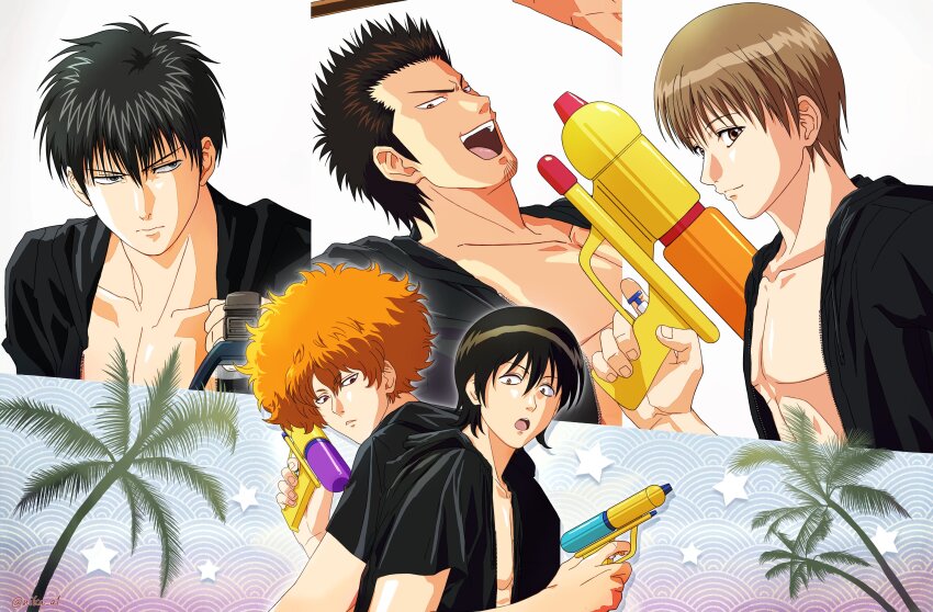 5boys absurdres afro alternate_costume anime_coloring bare_pectorals black_hair black_shirt brown_hair gintama highres hijikata_toushirou kondou_isao multiple_boys nika_a1 okita_sougo open_mouth orange_hair palm_tree pectorals shimaru_saitou shirt short_hair short_sleeves smile star_(symbol) tree water_gun yamazaki_sagaru