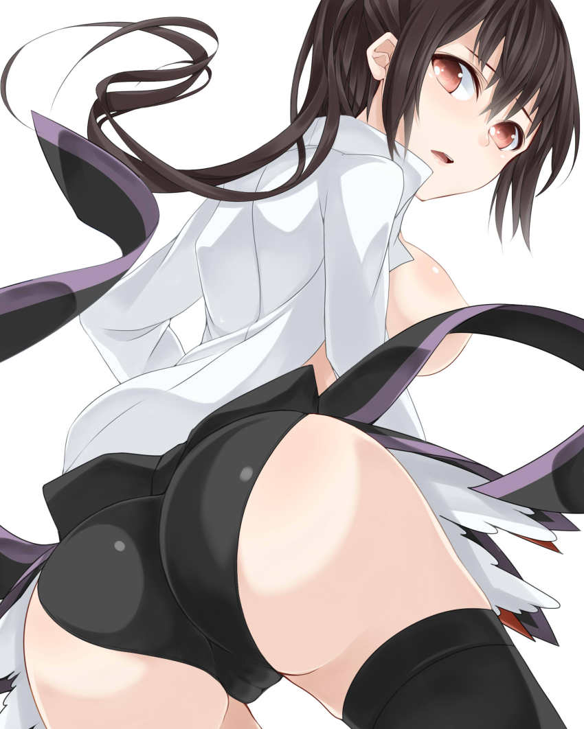1girl absurdres ass belphegor_(umineko) black_hair breasts cameltoe censored convenient_censoring female_focus highres large_breasts long_hair nemu_(nebusokugimi) no_naku_koro_ni_(series) open_clothes open_shirt panties red_eyes ribbon shirt sideboob solo thighhighs umineko_no_naku_koro_ni underwear