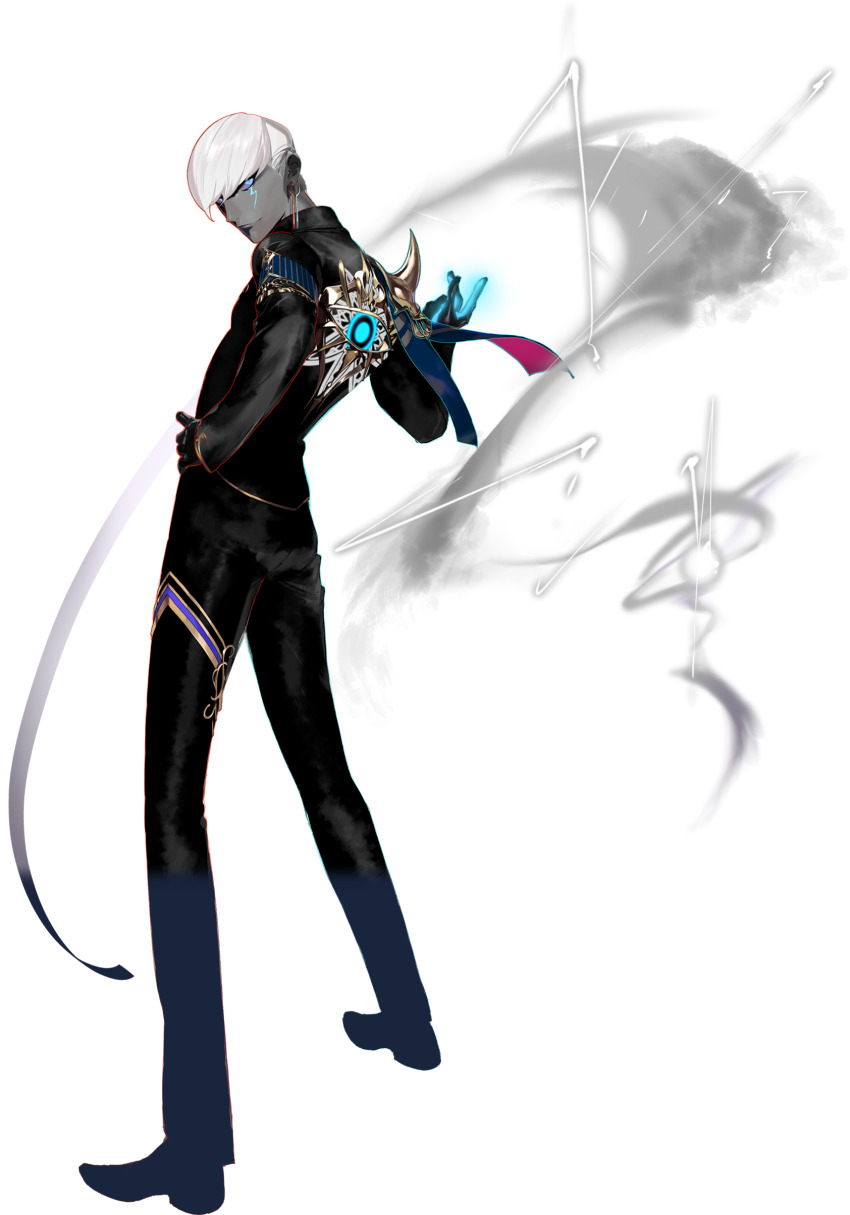 1boy absurdres armor black_gloves black_pants black_shirt black_shoes blue_eyes colored_skin dark-skinned_male dark_skin earrings fate/grand_order fate_(series) full_body gloves glowing grey_skin hand_on_own_hip highres indra_(fate) jewelry lightning_bolt_facial_mark looking_at_viewer looking_back male_focus official_art outline pako_(pakosun) pants pauldrons second-party_source shirt shoes short_hair shoulder_armor single_pauldron smile solo standing transparent_background white_hair white_outline