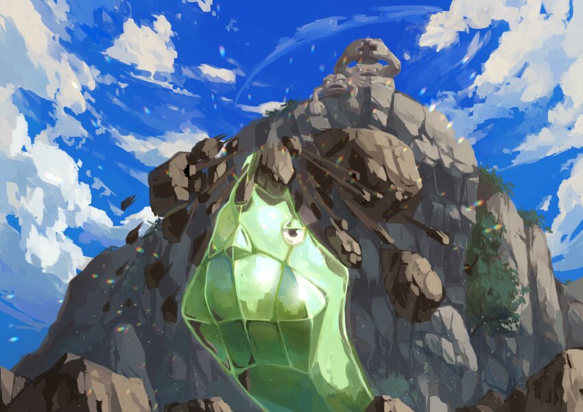 absurdres blue_sky cliff cloud commentary_request day debris gen_1_pokemon geodude graveler half-closed_eyes highres holding holding_rock king_joe_(neoroto) metapod nintendo no_humans open_mouth outdoors pokemon pokemon_(creature) pokemon_focus rock sky tree