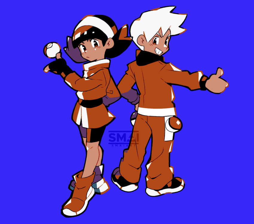 1boy 1girl ace_trainer_(female)_(pokemon_gsc) ace_trainer_(male)_(pokemon_gsc) ace_trainer_(pokemon) blue_background blunt_bangs boots brown_hair commentary english_commentary fingerless_gloves full_body furrowed_brow gloves grin highres long_sleeves nintendo pants poke_ball poke_ball_(basic) pokemon pokemon_gsc sami_briggs shoes simple_background smile standing thumbs_up twintails white_hair