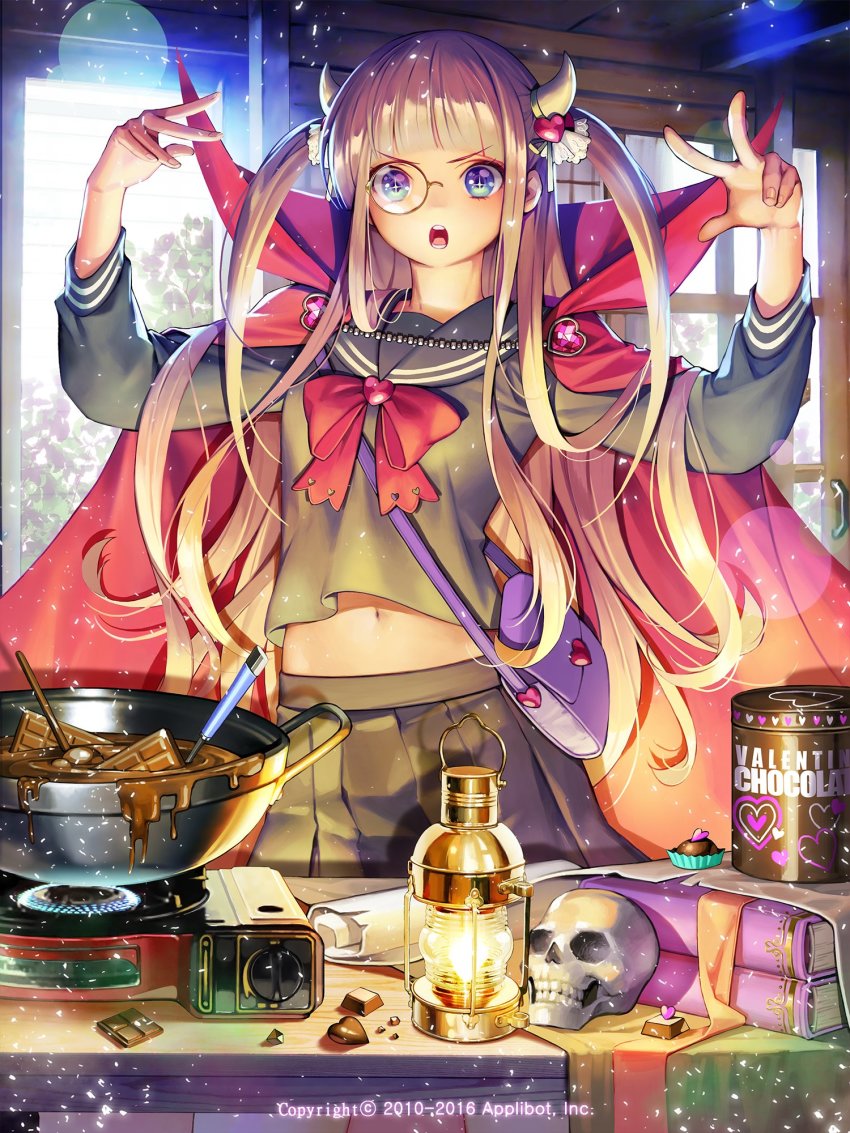 10s 1girl 2010 2016 bag black_shirt black_skirt blonde_hair blue_eyes book bow cape chocolate company_name english_text female_focus furyou_michi_~gang_road~ hair_ornament handbag heart heart_hair_ornament highres horns indoors jar lantern lens_flare long_hair midriff monocle navel open_mouth osuk2 pleated_skirt portable_stove red_cape school_uniform serafuku shirt skirt skull solo standing two_side_up very_long_hair watermark window