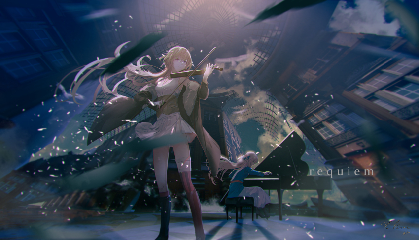 2girls absurdres aritsuno arm_up asymmetrical_footwear asymmetrical_legwear beige_jacket belt bird black_footwear blonde_hair blue_coat blue_eyes blue_ribbon blue_sky boots building ceiling ceiling_light closed_mouth cloud cloudy_sky coat commentary debris door dress duet english_commentary english_text eyebrows feathers floor full_body fur-trimmed_jacket fur_trim girls&#039;_frontline glasses gloves grand_piano hair_ornament hair_ribbon head_tilt highres holding holding_instrument holding_violin indoors instrument jacket knee_boots kneehighs light_rays long_hair long_skirt looking_at_object multiple_girls music off_shoulder ots-14_(girls&#039;_frontline) outdoors parted_bangs piano piano_bench pigeon playing_instrument pleated_skirt red_belt red_eyes red_legwear ribbon ruins shade shadow shiny_clothes sidelocks sitting skirt sky sleeveless socks springfield_(girls&#039;_frontline) standing striped_clothes striped_legwear striped_thighhighs sunlight tagme text_background thighhighs uneven_footwear uneven_legwear vertical-striped_clothes vertical-striped_thighhighs very_long_hair vest violin waistcoat wavy_hair white_bird white_dress white_gloves white_skirt window
