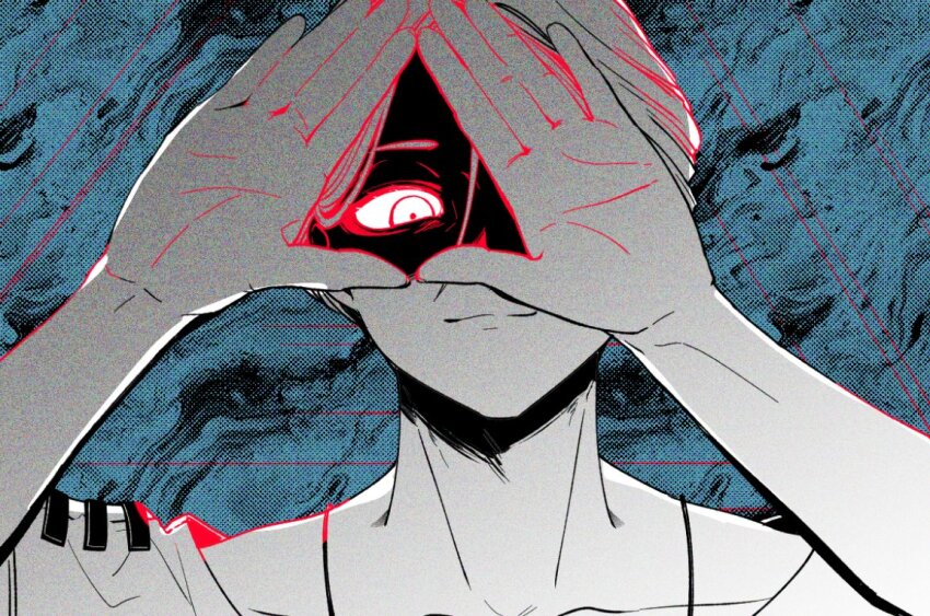 1boy b1ue_e4rth blue_background closed_mouth colored_lineart greyscale_with_colored_background hands_up looking_at_viewer looking_through_fingers male_focus meguriya_ayumu open_hands shirt short_hair smile solo toshi_densetsu_kaitai_center triangle_hands upper_body