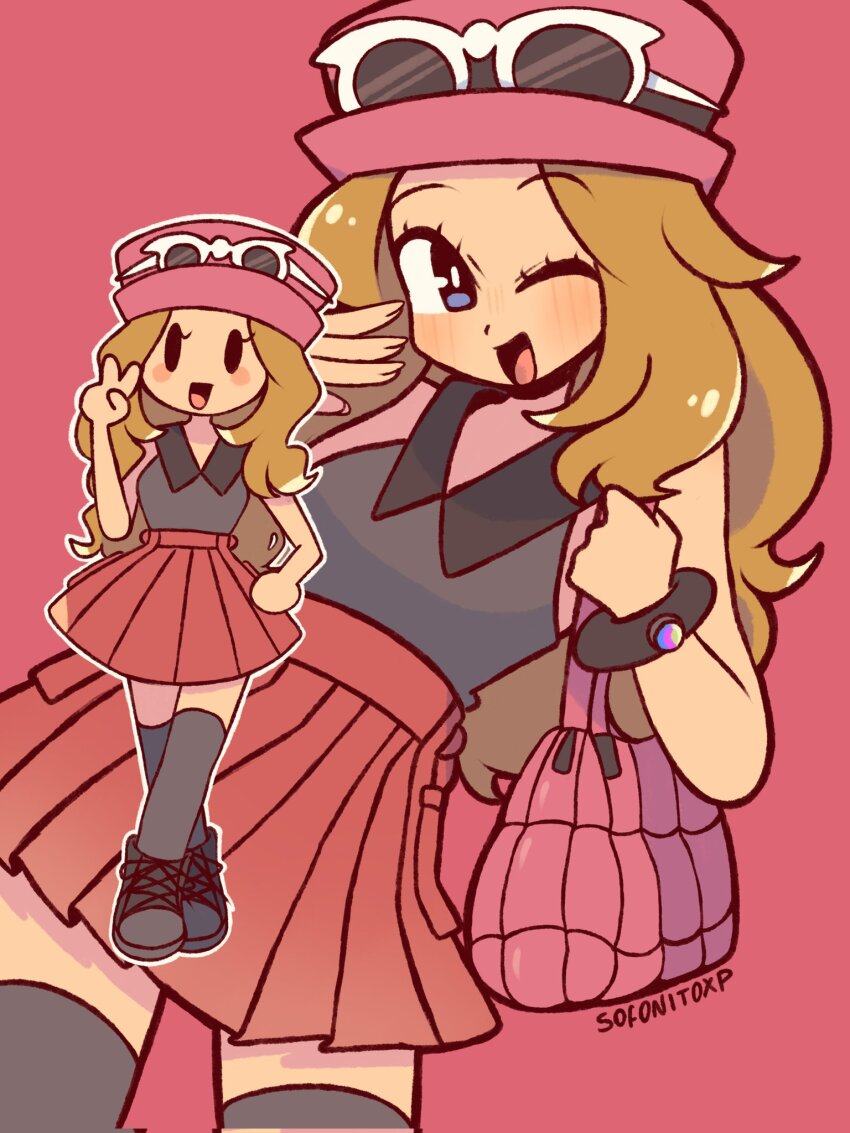 1girl :d ;d black_shirt black_thighhighs blue_eyes brown_hair cowboy_shot eyewear_on_headwear full_body hat highres long_hair looking_at_viewer multiple_views nintendo one_eye_closed open_mouth pink_bag pink_hat pleated_skirt pokemon pokemon_xy red_hat red_skirt serena_(pokemon) shirt skirt sleeveless sleeveless_shirt smile sofo_soup solo sunglasses thighhighs white-framed_eyewear