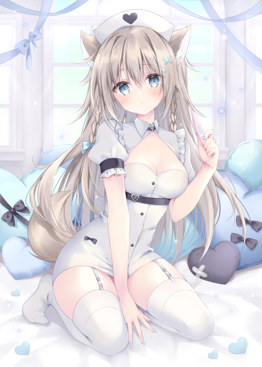 1girl absurdres animal_ear_fluff animal_ears between_legs blue_bow blue_nails blue_ribbon blue_sky bow braid breasts brown_hair cleavage cloud commentary_request day dress garter_straps hair_between_eyes hair_bow hair_ornament hand_between_legs hand_up hat heart heart-shaped_pillow highres holding indoors korie_riko long_hair long_sleeves medium_breasts nail_polish no_shoes nurse nurse_cap original pillow puffy_long_sleeves puffy_sleeves ribbon seiza sitting sky solo tail thermometer thighhighs twin_braids very_long_hair white_dress white_hat white_thighhighs window x_hair_ornament