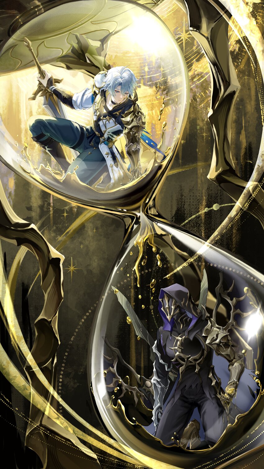 2boys absurdres antenna_hair armor black_choker black_cloak black_pants black_shirt blue_cape blue_eyes cape choker clawed_gauntlets cloak coat commentary_request dark_persona dual_persona flame_reaver_of_the_deepest_dark highres holding holding_sword holding_weapon honkai:_star_rail honkai_(series) hood hood_up hooded_cloak hourglass in_hourglass male_focus mask mimisuke37 multiple_boys pants parted_bangs pauldrons phainon_(honkai:_star_rail) shirt short_hair shoulder_armor single_pauldron sword weapon white_coat white_hair yellow_blood