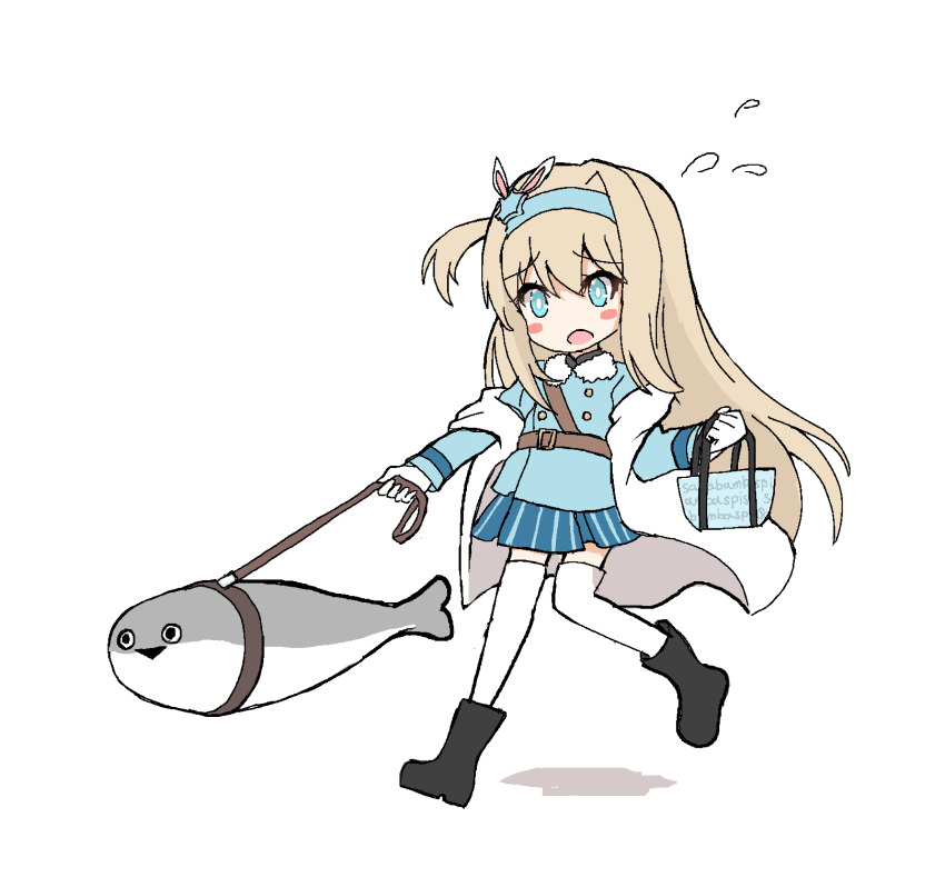 1girl aliage aqua_eyes bag black_footwear blonde_hair blue_skirt blush_stickers bright_pupils buttons double-breasted floating flying_sweatdrops girls&#039;_frontline hairband highres holding holding_bag leash levitation long_sleeves one_side_up pet_walking sacabambaspis skirt suomi_(girls&#039;_frontline) thighhighs walking white_background white_pupils white_thighhighs