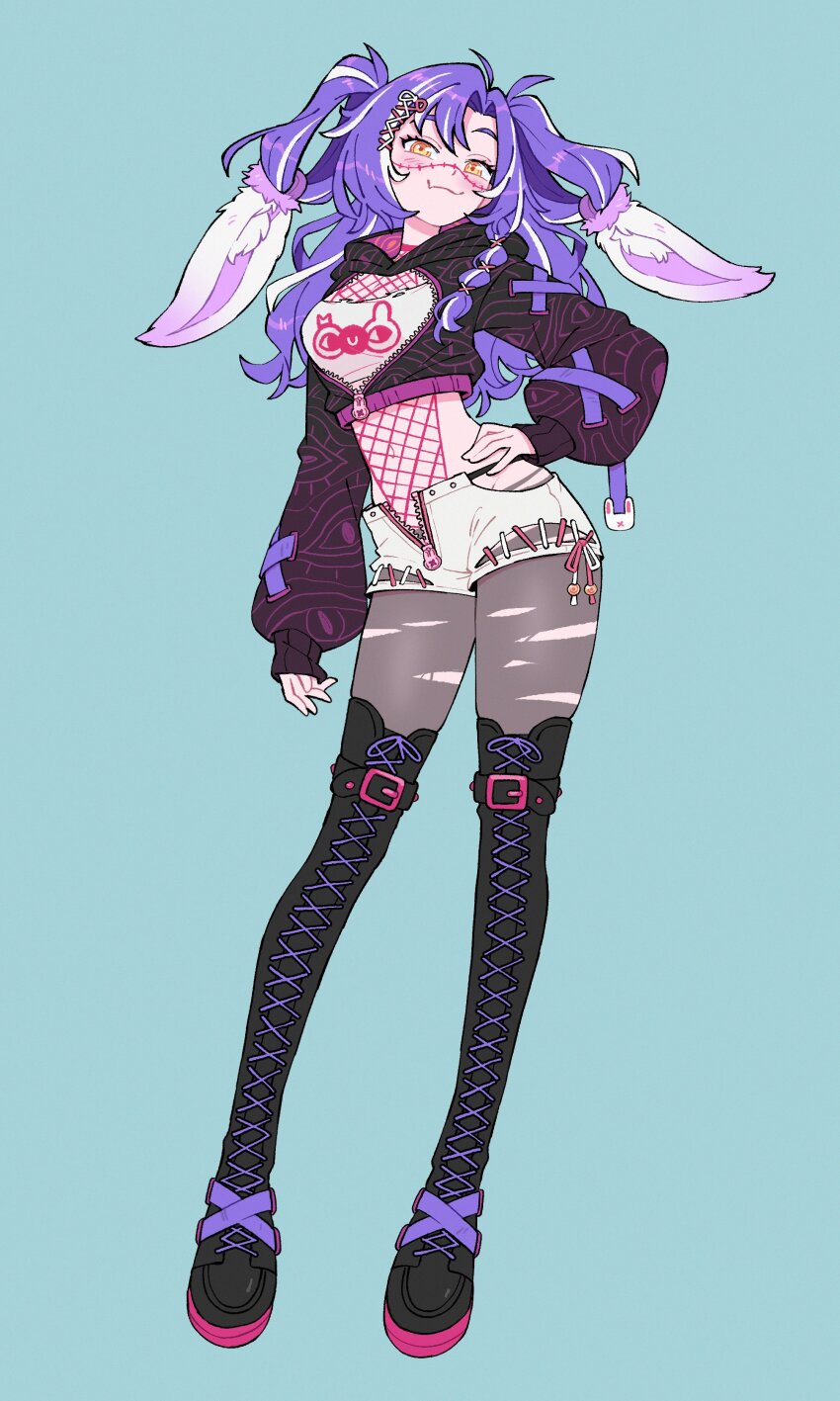 1girl absurdres alternate_costume arm_at_side black_boots black_jacket boots breasts commentary contrapposto cropped_jacket doodlelotl english_commentary fang full_body grey_background hair_between_eyes hair_ornament hand_on_own_hip highres indie_virtual_youtuber jacket lace-up_boots long_sleeves looking_at_viewer medium_breasts michi_mochievee navel purple_hair rabbit_ornament shoelaces shorts skin_fang sleeves_past_wrists solo thigh_boots torn_clothes virtual_youtuber white_shorts yellow_eyes zipper