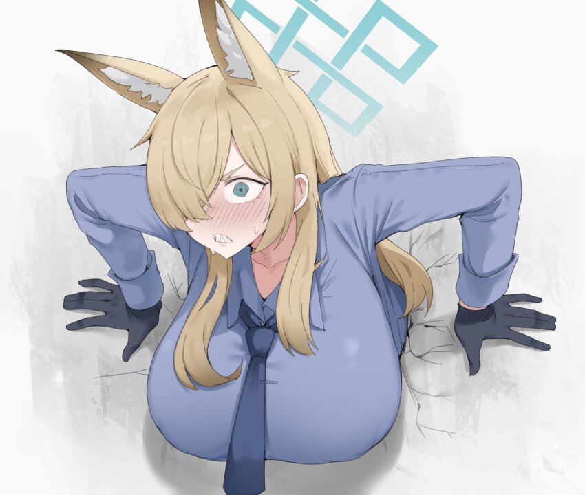 1girl animal_ears black_gloves blonde_hair blue_archive blue_eyes blush breasts dog_ears gloves gurenola hair_over_one_eye halo highres kanna_(blue_archive) large_breasts long_hair necktie sharp_teeth sidelocks teeth through_wall